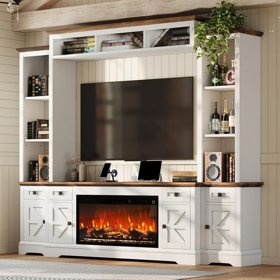 VANACC 98" Farmhouse TV Stand with Fireplace, Entertainment Center, Bookshelf, Wall Unit Media Console with Power Outlets & Barn Doors, Off-White