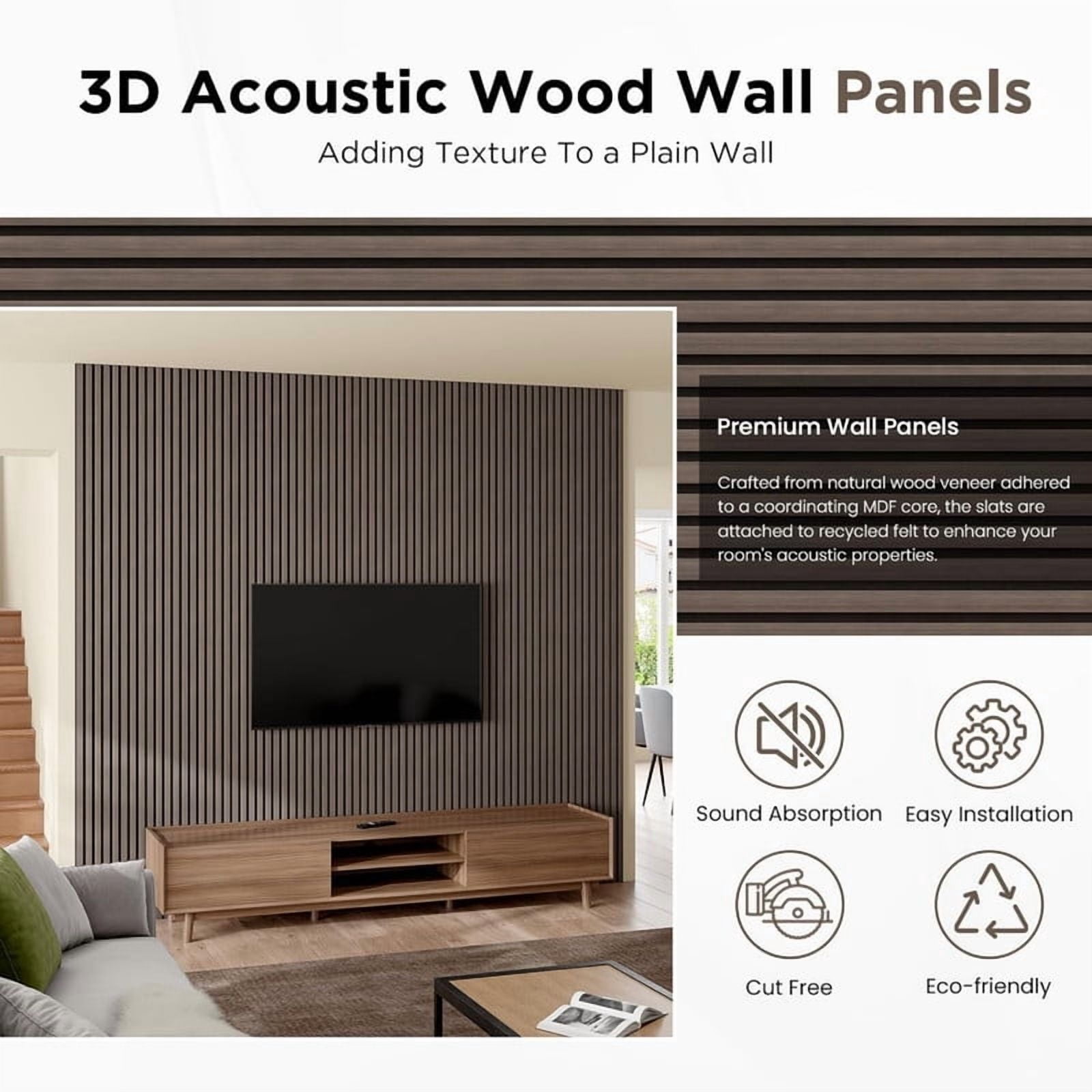 Easy4Home 4Pcs Wood Soundproof Wall Panels 94.5" x 12.6" Wood Slat Acoustic Panels, Dark Walnut