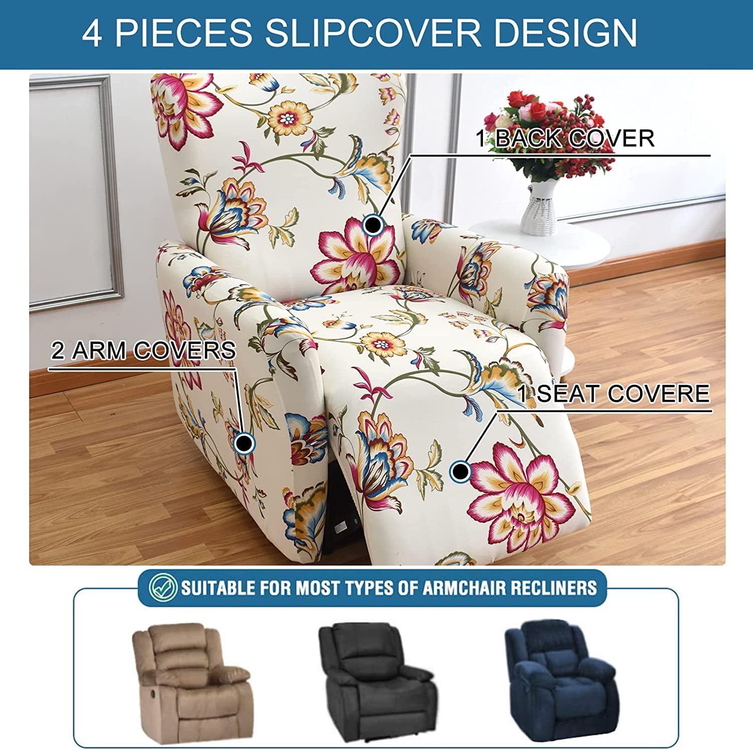 CHUNTIAN Stretch Recliner Slipcovers Printed Sofa Cover 4-Piece Fallon Collection Slipcover Lazy Boy Chair Covers Furniture Protector Recliner Chair Cover with Storage Pocket for Living Room, A2