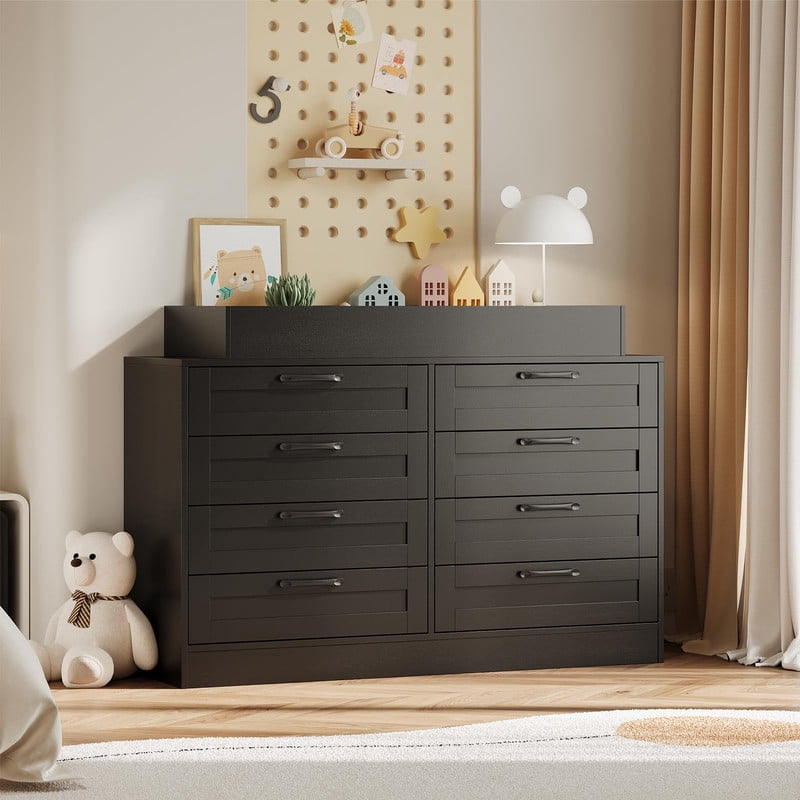 TROPOW Table Dresser with 8 Wood Drawers, Classic Nursery Dresser, Changing Shelves, Multi-Functional Diaper Changing Station, Dresser for Bedroom