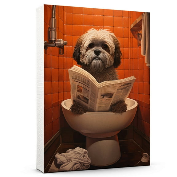 Shih Tzu Dog Canvas Wall Art for Bedroom Living Room Home Decor,Funny Dog Canvas Sitting on The Toilet Animal Pattern Office Artworks, modern wall decor, Ready to Hang