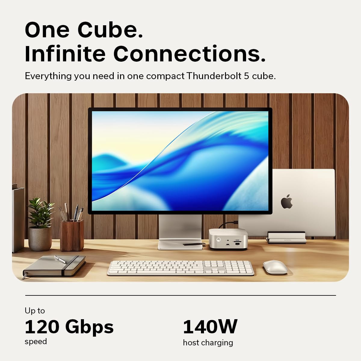 Satechi Thunderbolt 5 CubeDock Dock Station, 80Gbps/120Gbps USB4 v2 Compatible, Built-in NVMe SSD Enclosure, 140W Charging, Multi-Displays up to 8K, 2.5GbE, USB-C/A 10Gbps, Active Cooling, Silver