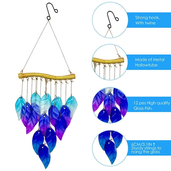 Upgraded Iron Wind Chime Colorful Glass Wind Bells Handmade Fused Glass Decor Outdoor Wind Chime Patio Hanging Ornament G