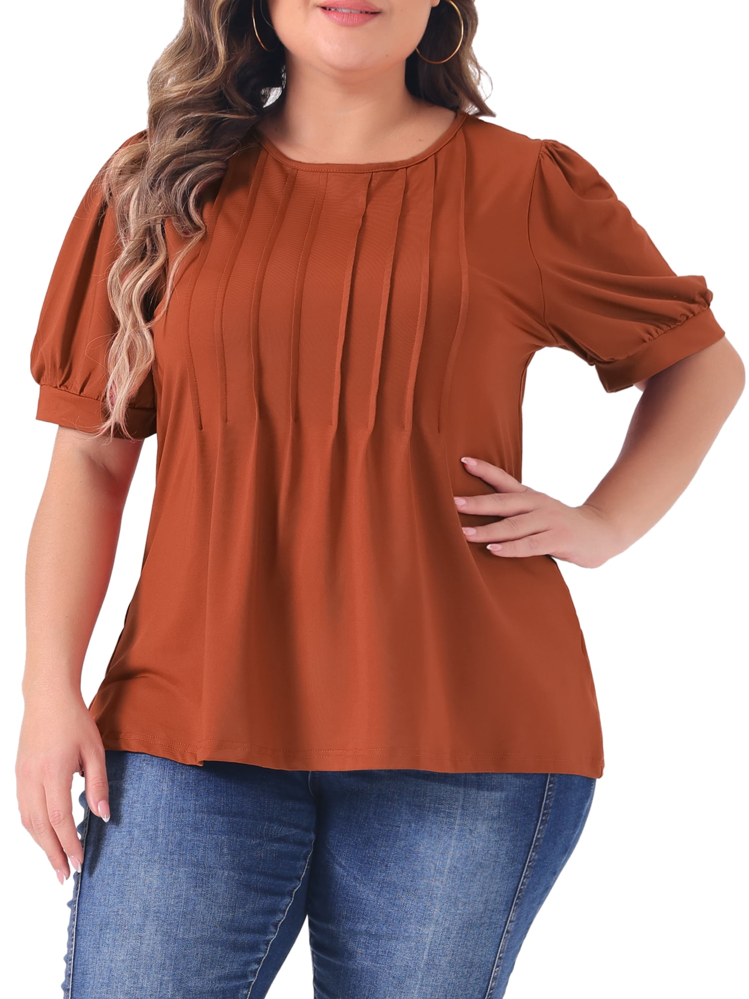 Women's Plus Top Puff Short Sleeve Tops Crew Neck Pleated Shirts Tunic Blouses 3X Red Brown