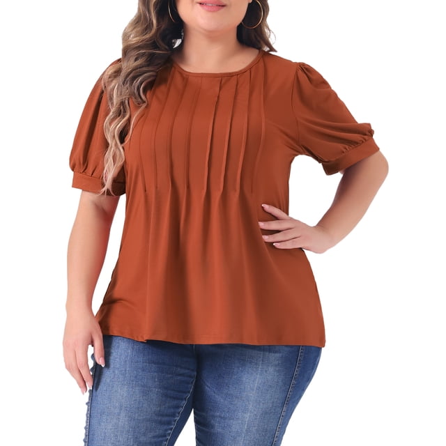 Blusas de talla grande para mujeres Agnes Orinda, tops de manga corta con volantes, camisetas de cuello redondo, blusas plisadas 4X en rojo y marrón