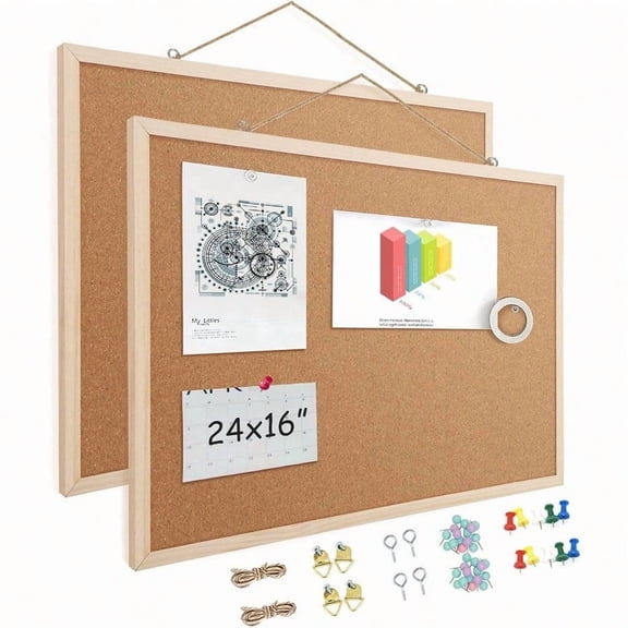 2 Pack 16 x 24 Cork Boards for Walls with Wooden Frame Double Sided Office Board for Wall Organizer Bulletins Board Decorative Hanging Pin Board for School Home Office Memo Board