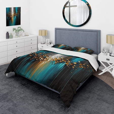 Designart "Green & Gold Geometric Artistry" Animals Bedding Covert Set - Abstract Geometric Green Abstract Bed Set With 2 Shams