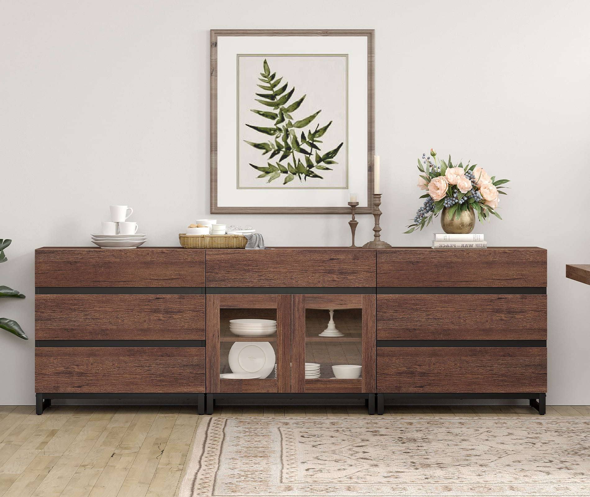 3 In 1 Sideboard Buffet Cabinets With Glass Doors And 7 Drawers, Modern Sideboard Credenza With Adjustable Shelf And Metal Base, Coffee Bar Cabinet Storage Cabinet For Living Room, Kitchen
