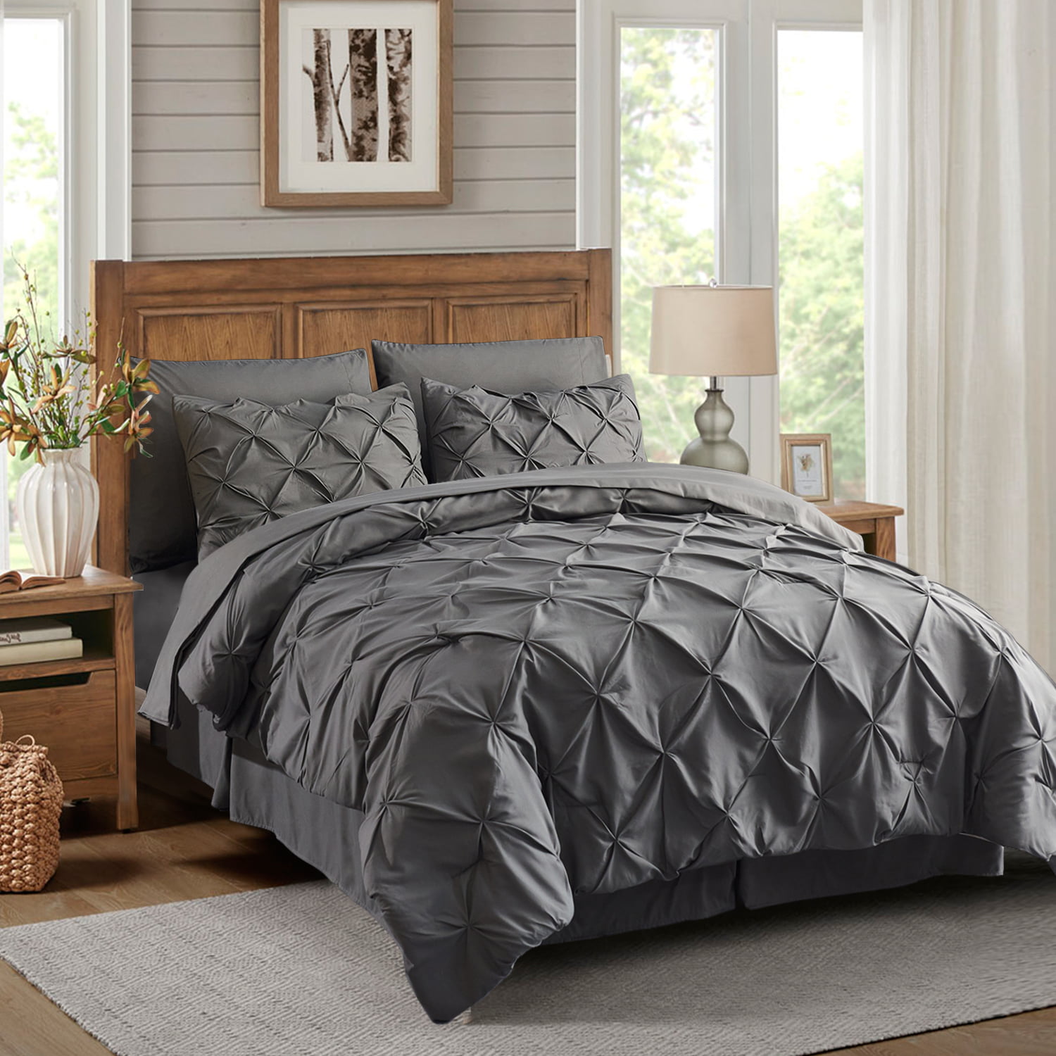 Details about   8 Piece Pinch Pleat Pintuck Comforter Set Bed-in-a-Bag Comforter Cal King/King 