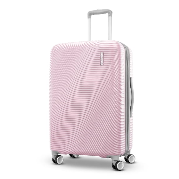 Open Box American Tourister Color Waves Medium Checked Expandable Luggage Suitcase with Spinner Wheels, Light Pink