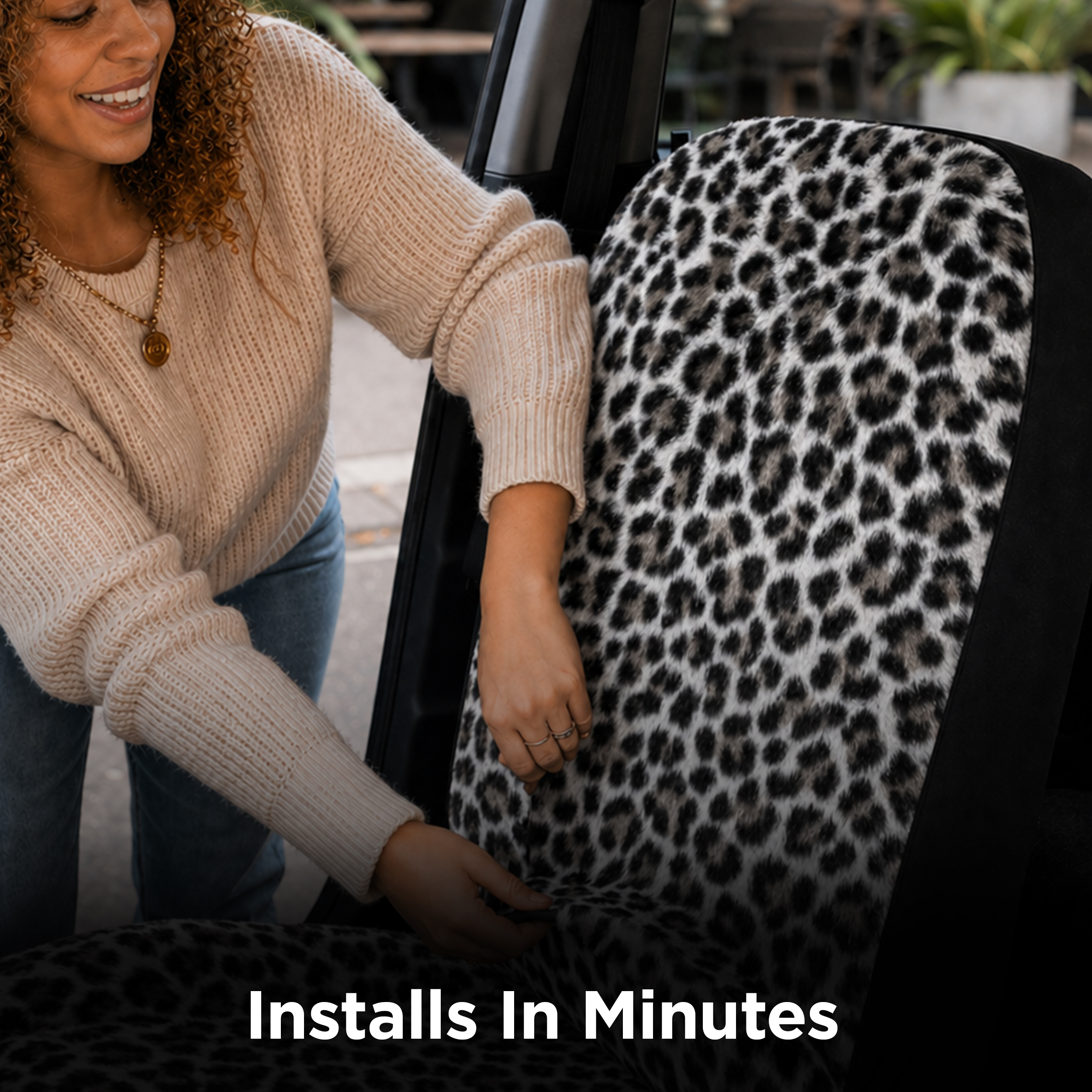 Auto Drive 2-Piece Fur Snow Leopard Seat Covers for Cars, SUVs, and Crossovers