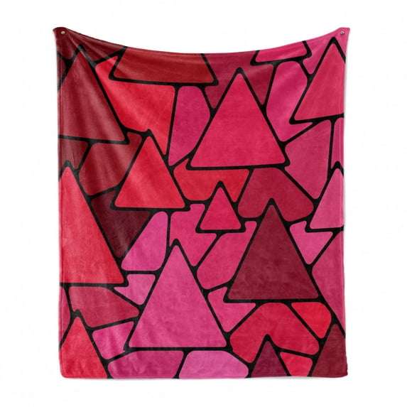 Abstract Soft Flannel Fleece Throw Blanket, Stained Glass Style Geometric Tile Composition with Vibrant Red and Pink Shades, Cozy Plush for Indoor and Outdoor Use, 70" x 90", Multicolor, by Ambesonne