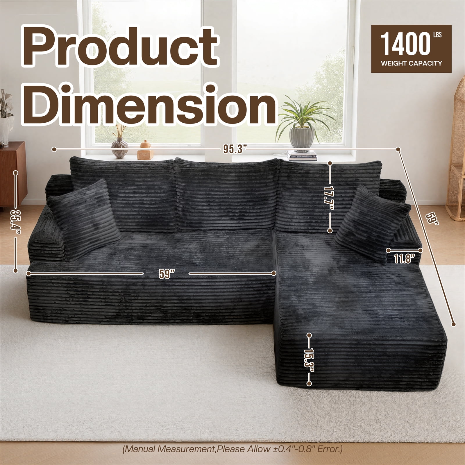 Kelyda 96" Modular L-Shaped Cloud Sofa, Plush Boneless Sectional with Deep Seats Chaise Corduroy Fabric, Grey