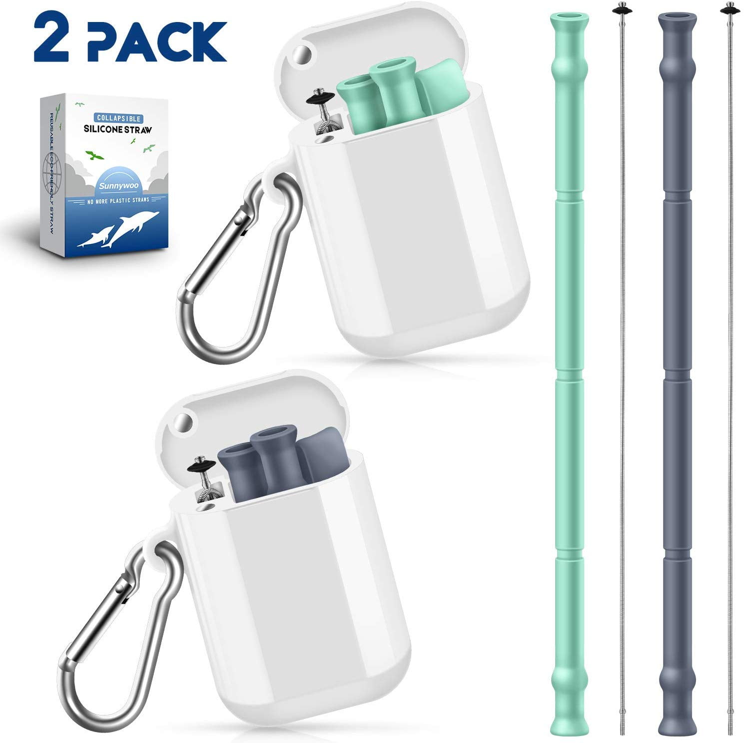 Reusable Silicone Collapsible Straws 2 Pack Portable Foldable