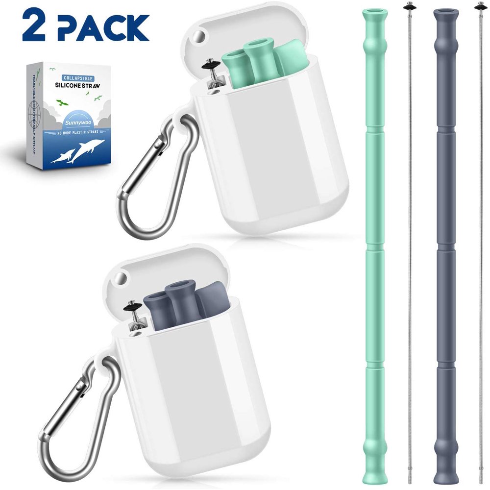 Reusable Silicone Collapsible Straws 2 Pack Portable Foldable