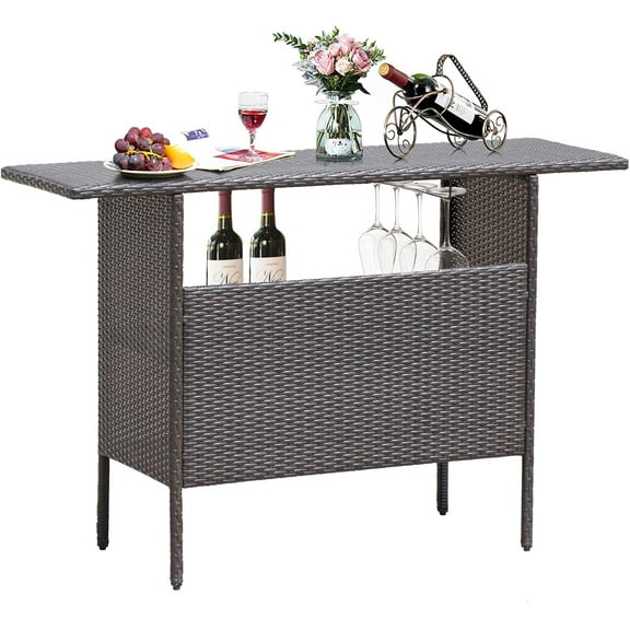 FGYRYK Outdoor Patio Wicker Bar Table, 2 Storage Shelves, 55''W Tabletop, Rails for Hanging Wine Glasses, Heavy-Duty Metal Frame, Bistro Rattan Bar Counter Table for Poolside Backyard (Mix Brown)