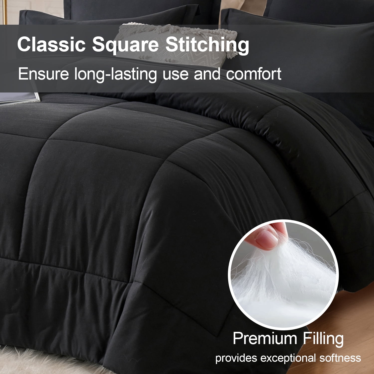 Flymme King Size Comforter Set Black, 7 Pieces King Bed in a Bag, All Season Bedding Sets with 1 Comforter, 1 Flat Sheet, 1 Fitted Sheet, 2 Pillowcase and 2 Pillow Sham