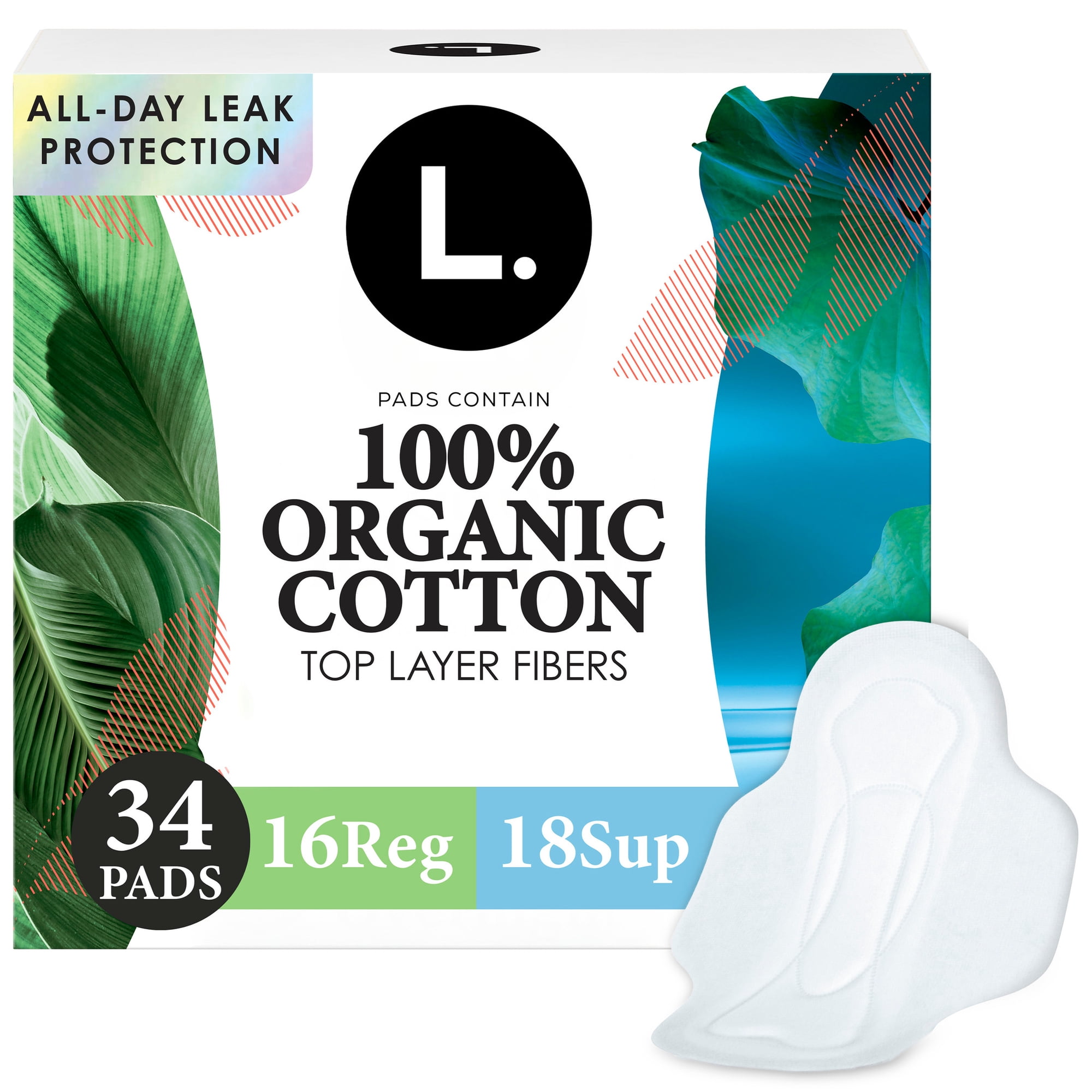 L. Ultra Thin Pads, Organic Cotton Top Layer, Regular + Super Duo Pack, 34 Count