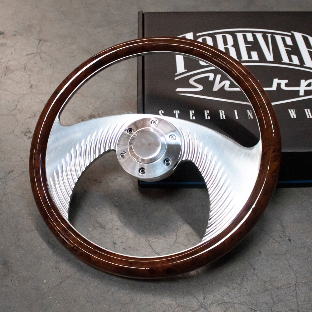 14" Burl Wood Steering Wheel 6 Hole w/ Polished EZGO Golf Cart Adapter