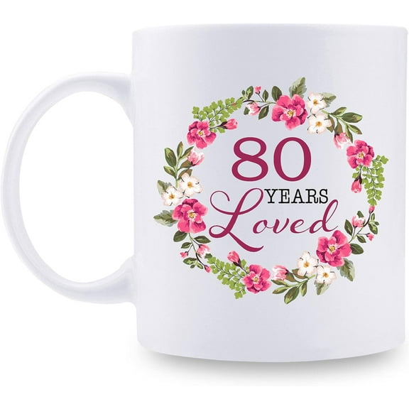 80th Birthday Gifts for Women - 80 Years Loved with A Garland Birthday Mug - 80 Year Old Present Ideas for Grandma, Mom, Daughter, Sister, Wife, Friend, Cousin, Aunt, Coworker - 11 oz Coffee Mug