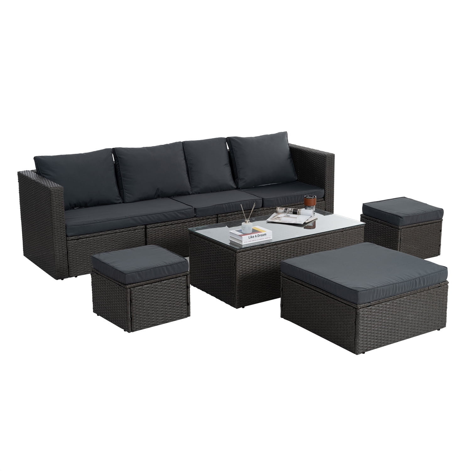 7 Piece Patio Furniture Sets Outdoor Sectional PE Rattan Outdoor Furniture Patio Conversation Set with Adjustable Lounger Sofa & Ottomans, for Balcony Lawn and Garden, Gray