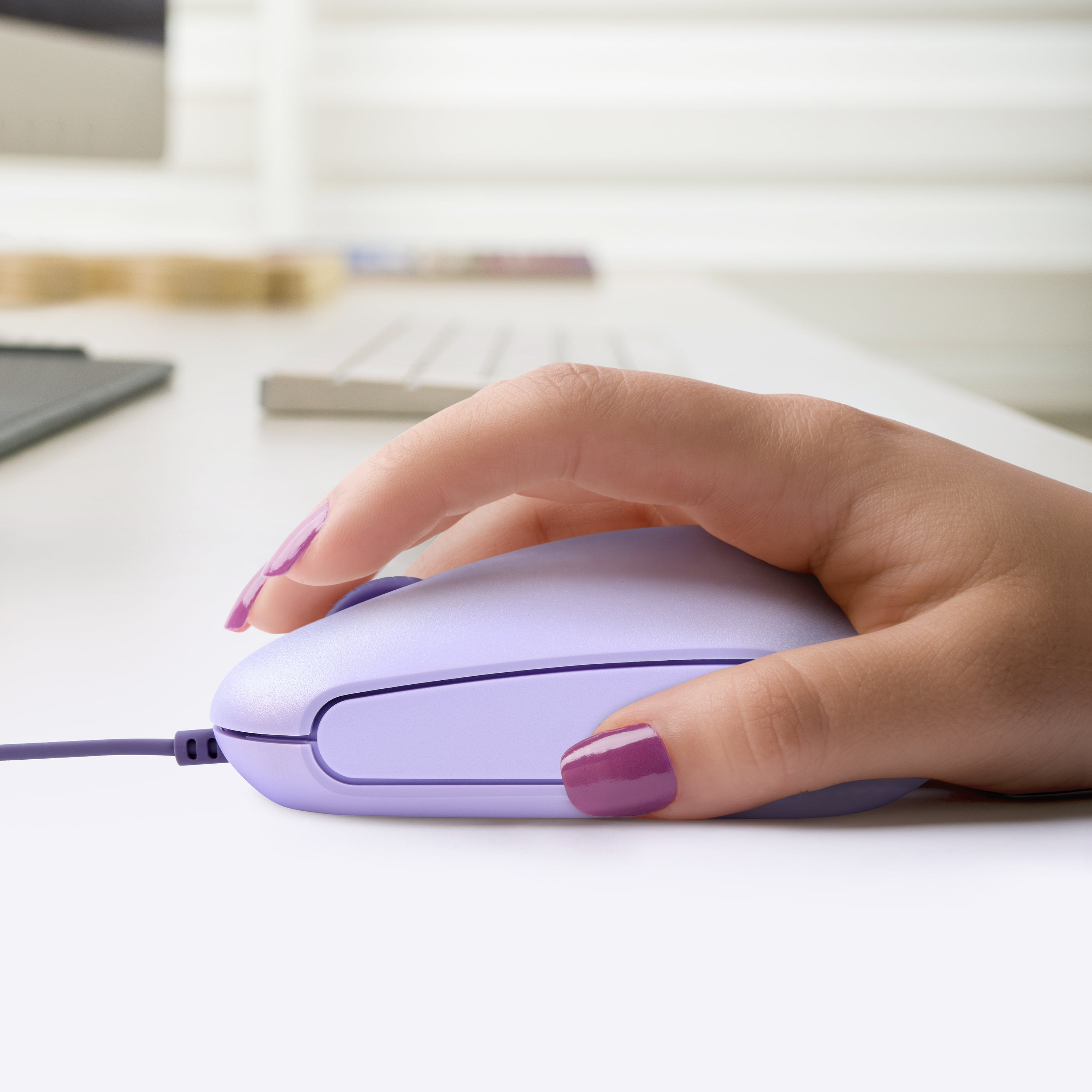 onn. USB Optical Ambidextrous Mouse, attached USB cable 6 ft (1.8 m) , Lavender