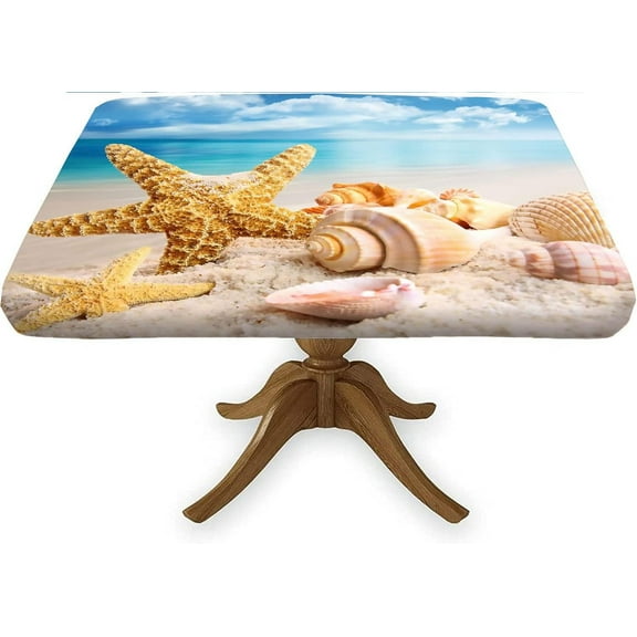 Ocean Sea Beach Square Fitted Tablecloth, Starfish Seashells Table Cover with Elastic Edge Tulip Floral Table Cloth, Great for Outdoor Home Kitchen/Parties/Holiday Dinner, Fits to 34x34 In Table, Blue