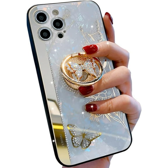 iPhone 12/12 Pro Case, Cute Conch Shell Mirror Floral 3D Butterfly with Kickstand Diamond Rhinestones Elegant Protective Cover for Girls Women for Apple iPhone 12/12 Pro 6.1'' 2020 (White)