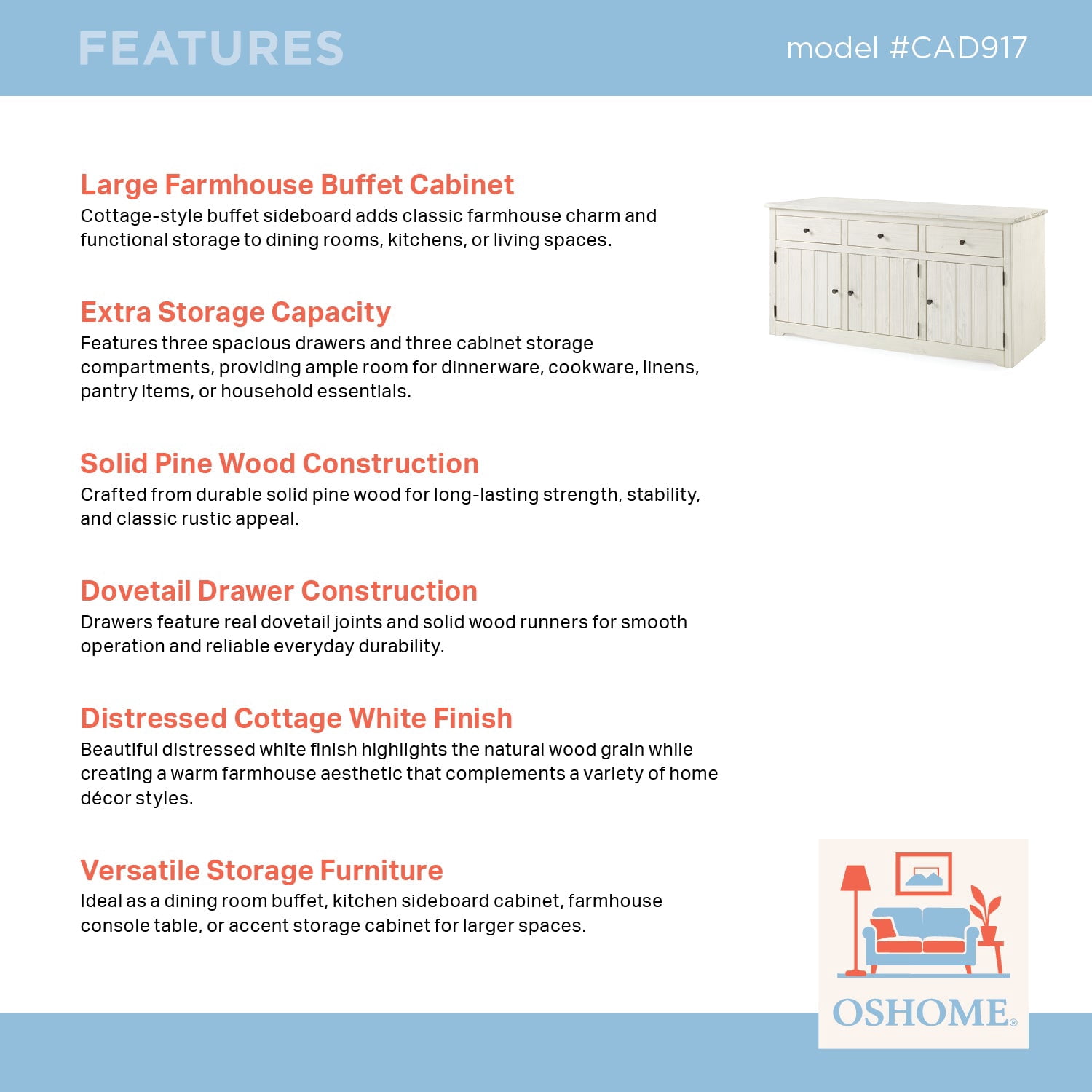 OSHOME 66" Farmhouse Solid Pine Accent Buffet Sideboard with 3 Drawers in Distressed White