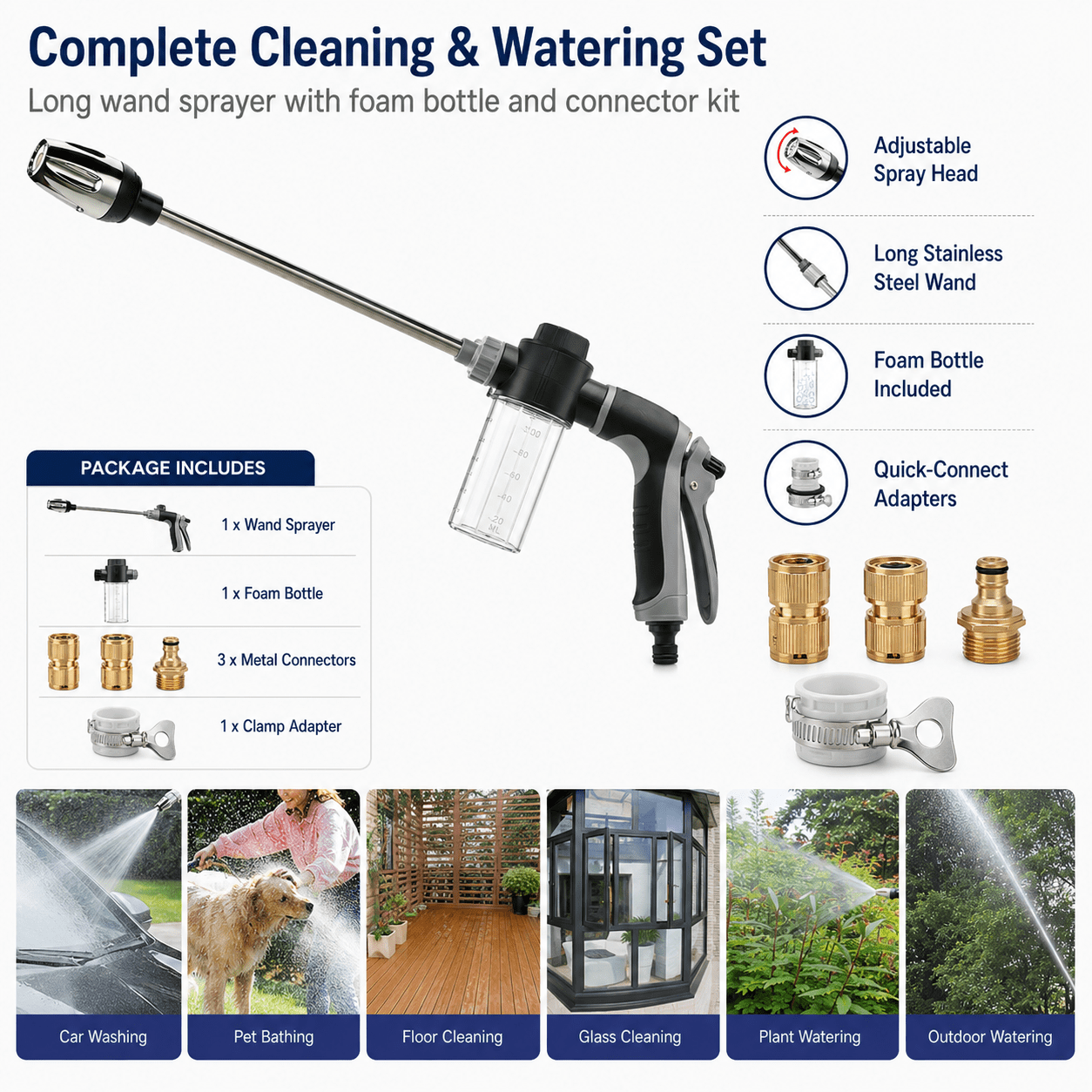 High Pressure Garden Hose Nozzle Sprayer, Adjustable Metal Water Sprayer with Foam Bottle Attachment for Car Washing, Patio Cleaning, Plant Watering and Pet Rinsing