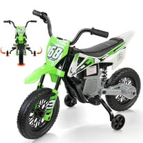 Funcid 12V Electric Dirt Bike with Twist Grip Throttle, Kids Ride on Motorcycle with 2 Training Wheels, Powered Ride on Toys for Ages 3-8, Bluetooth, MP3, Dual Motors, Spring Suspension, Green
