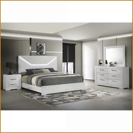 Bedroom Furniture Set 4-Piece Queen Modern White with LED Headboard | Wood | Double Dressers