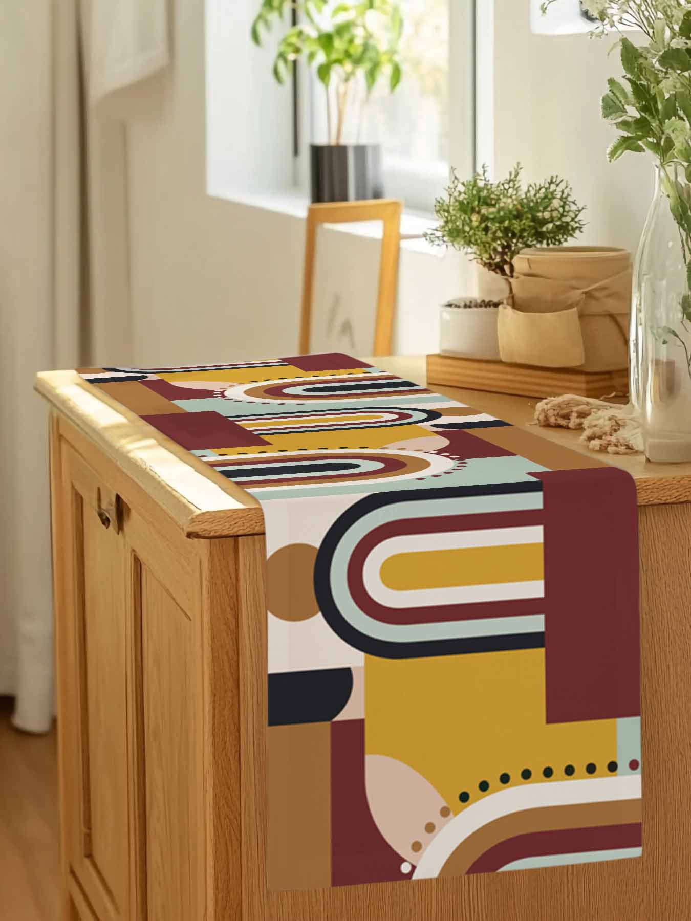 Mid Century Abstract Ethnic Art Table Runner 90 Inches Long, Yellow Brown Geometric Color Block Table Runners Tabletop Scarf Kitchen Dining Tables Decoration for Home Party Indoor Outdoor