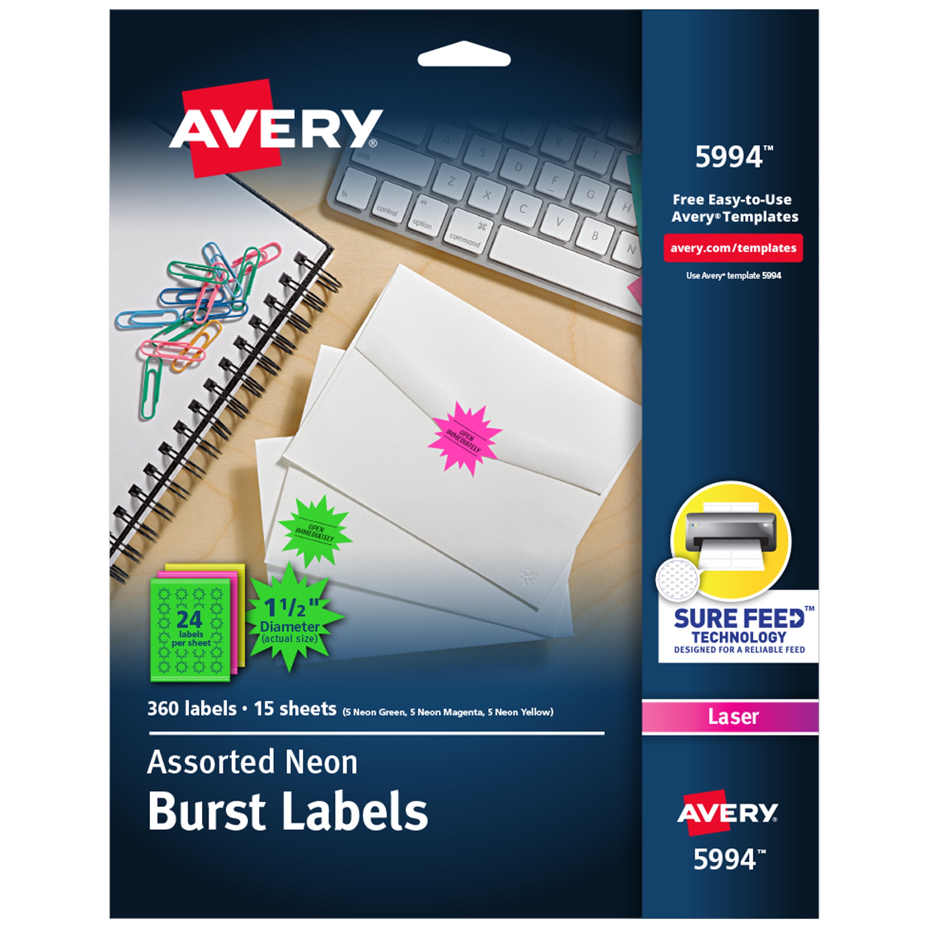 Avery Neon Address Labels with Sure Feed for Laser Printers, 1-1/2
