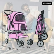 Foldable Dog Stroller, 4 Wheel Pet Stroller with Storage Basket, Handle 360° Front Wheel Rear Wheel with Brake for Small Medium Dogs & Cats, Pink