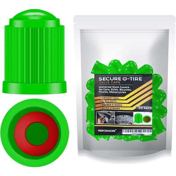 Performore Heavy-Duty Tire Valve Caps with O-Rubber Rings, Green, 30 pcs
