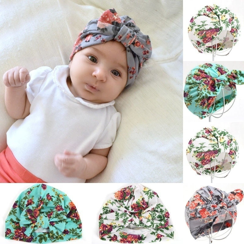 0-6M Newborn Infant Boy Girls Cotton Floral Bowknot Beanie Hat Photo Prop Gifts