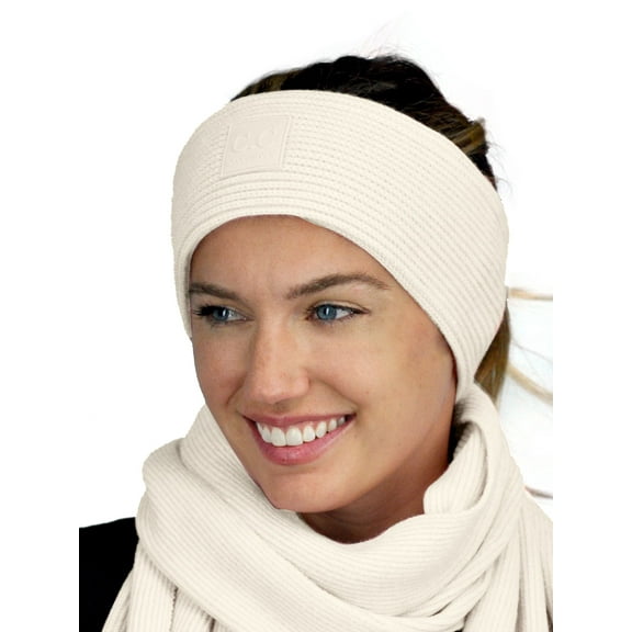 C.C Unisex Winter Thick Ribbed Knit Stretchy Plain Ear Warmer Headband, Ivory