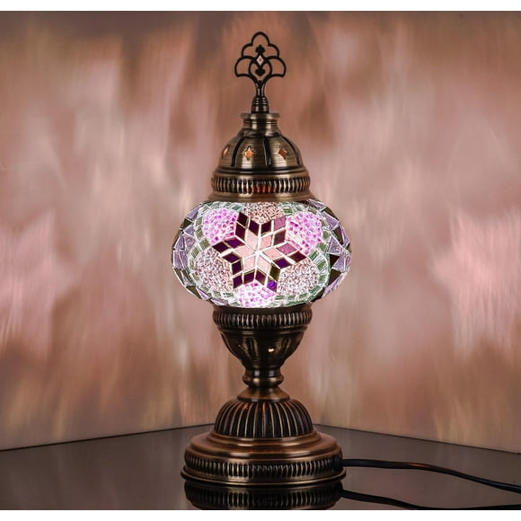 ERDS-Authentic Turkish Lamp, Made in Turkey, Colorful Mosaic Glass Turkish Moroccan Table Desk Bedside Lamp Lampshade with Antique Brass Color Metal Base, Handmade, 11.8x5.5 (Purple)