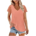 thumbnail image 2 of Summer Oversize Shirts for Womens Fashion Casual Loose Solid Color V-neck Lace Patchwork Short Sleeved Top, 2 of 9