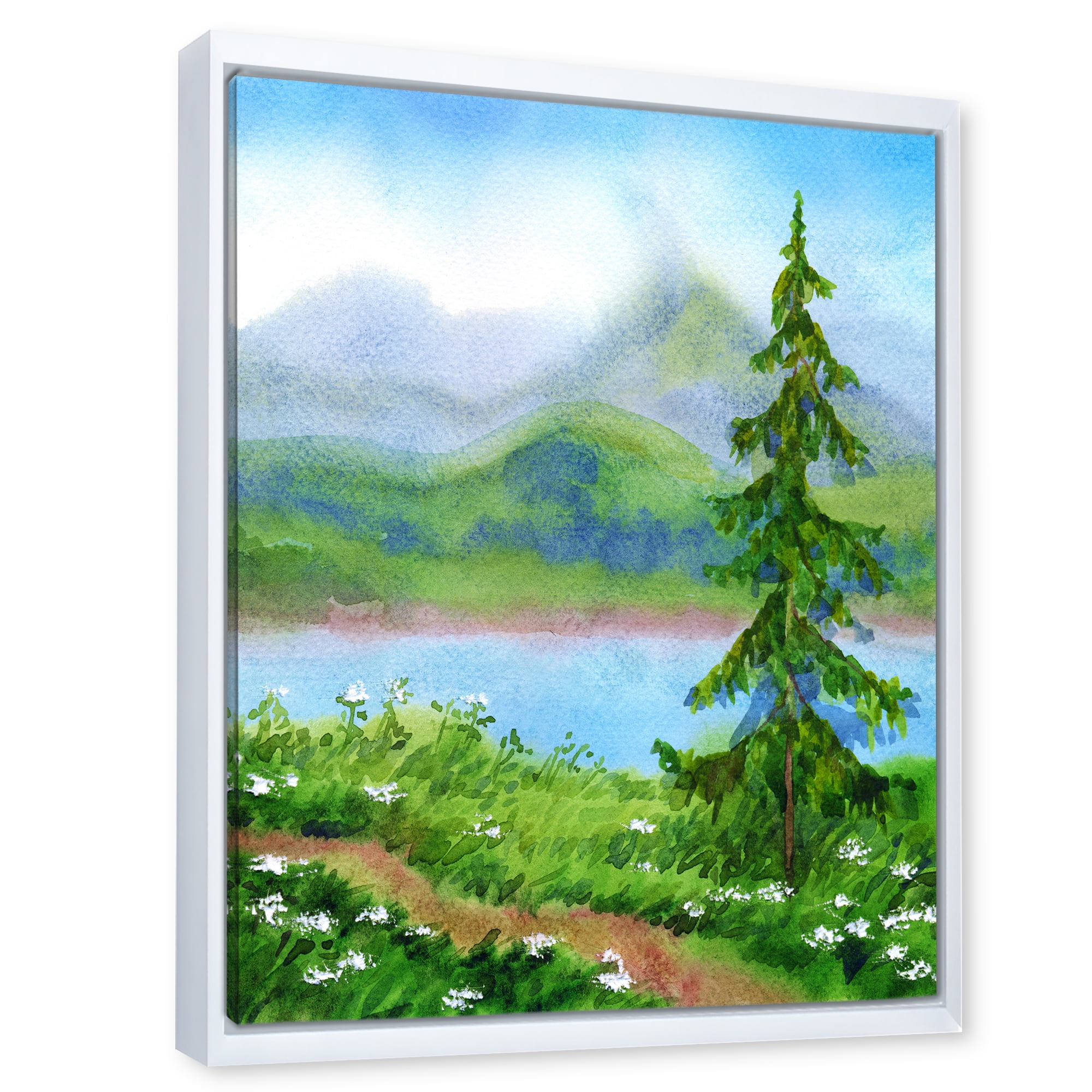 Landscape River Spruce Near The Trail On A Hill 16 in x 32 in Framed Painting Canvas Art Print, by Designart