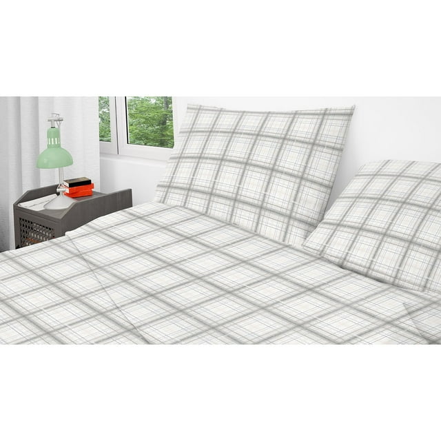 Cotton House - Ensemble de Draps en Flanelle, 100 % Coton, Format Jumeau, Motif à Carreaux Rayés