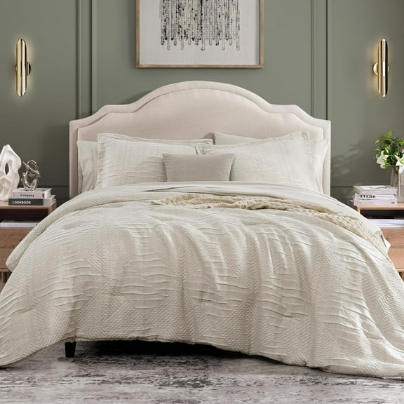 Queen Comforter Set Beige, Crinkle Textured Design Boho Bedding Set 7 Pieces Bed in A Bag, All Season Geometric Comforter Set with Sheets, Pillowcases & Shams