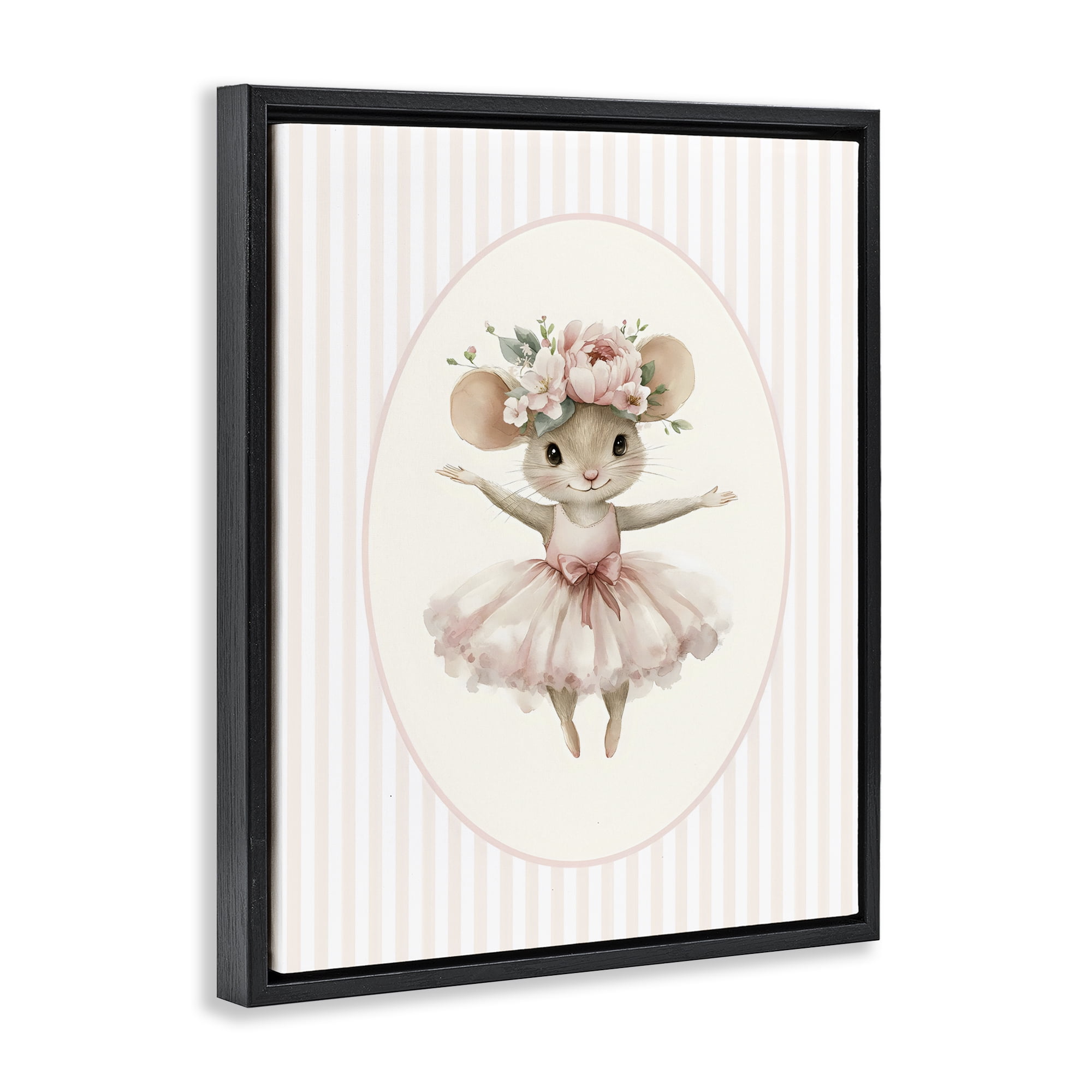 Stupell Industries Nursery Ballerina Mouse Striped Black Framed Floater Canvas Wall Art, design by LSR Design Studio