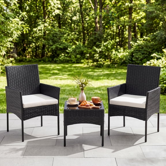 EDX 3 Pieces Patio Furniture Set,Wicker Rattan Outdoor Conversation Furniture Set with Tempered Glass Tabletop & Removable Cushion for Garden, Balcony, Poolside, Porch, Black