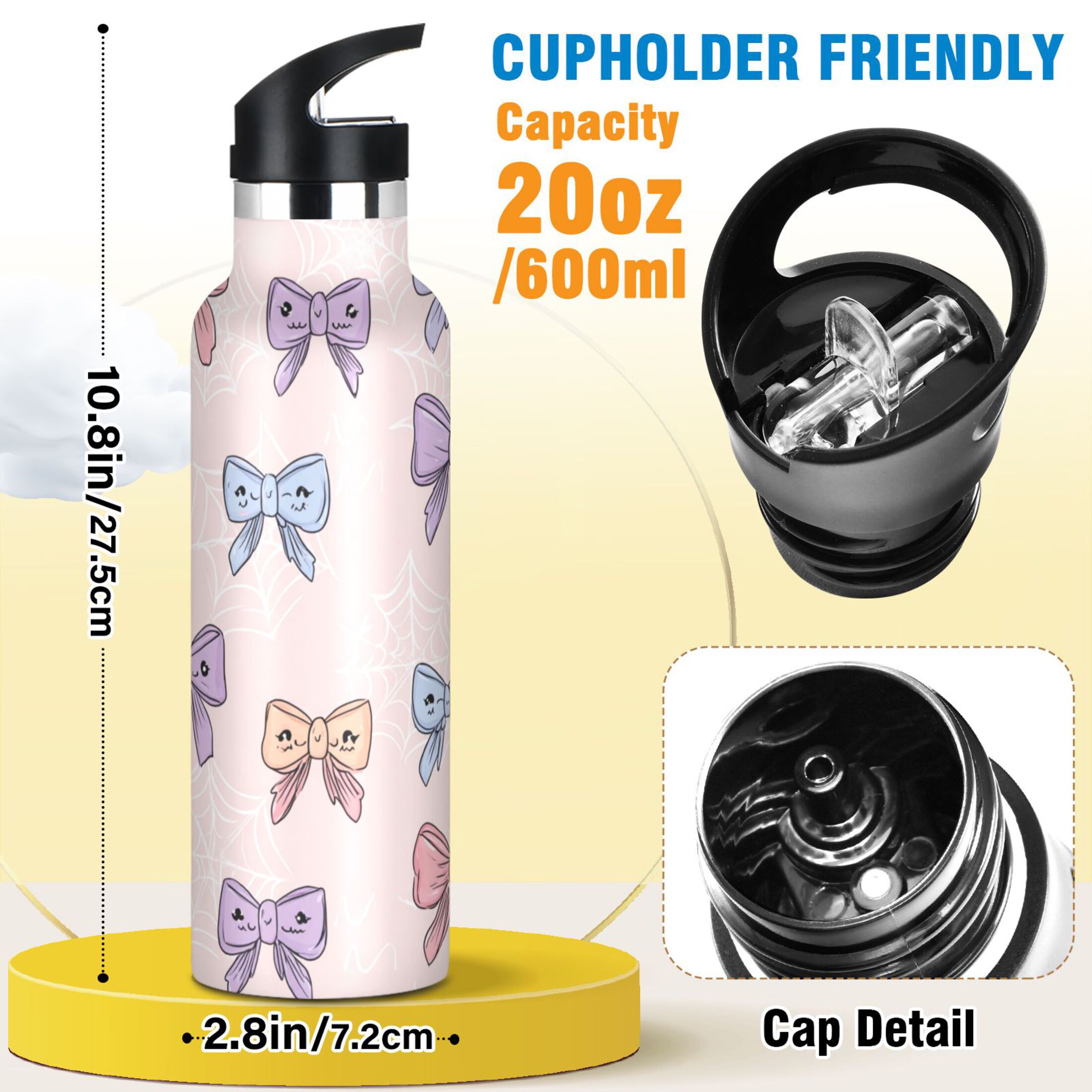 Kids Insulated Stainless Steel Sports Water Bottle 600ml (20oz) Bows and Spider Webs
