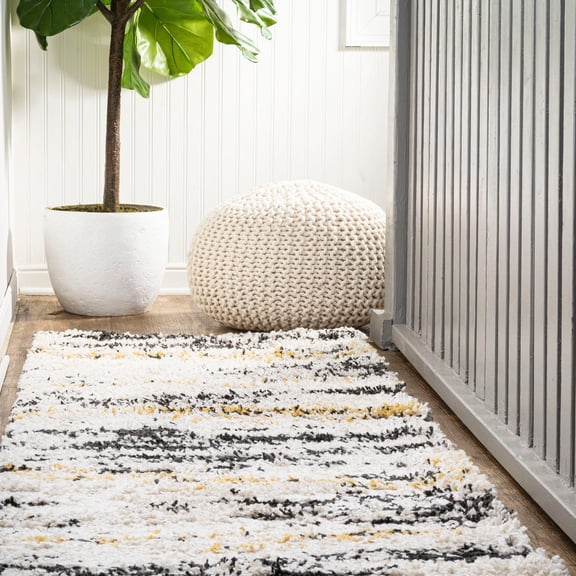 JONATHAN Y LONDON SHAG 2 x 8 Runner Rug, Nova Bold Strie - Beige/Black/Yellow, SHG102A-28