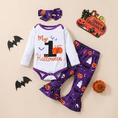

Halloween Newborn Girls Clothes My 1st Halloween Baby Girl Outfit Long Sleeve Romper Ghost Flare Pants with Headband