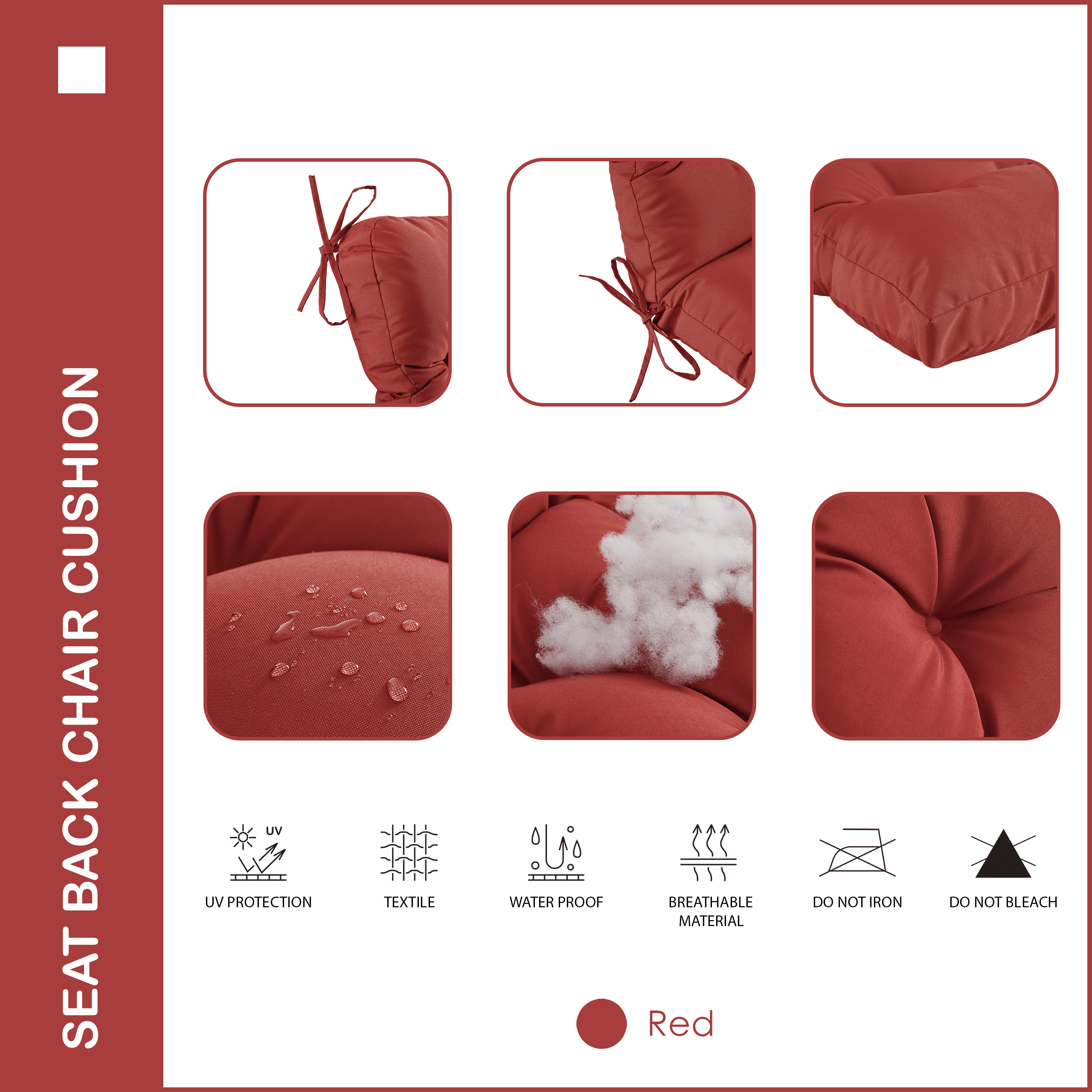 YOOZEKU Outdoor Indoor Seat Back Chair Cushions Set of 4,Waterproof Tufted Lawn Dining Chair Cushions for Patio Furniture with Ties,42x21inch, Red