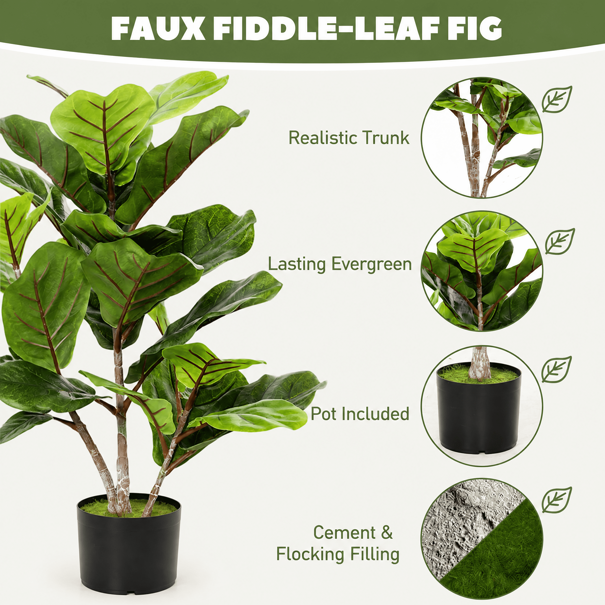 43.3" Artificial Fiddle Leaf Fig Tree - Realistic PEVA Leaves, Low-Maintenance Year-Round Greenery for Home/Office Corner